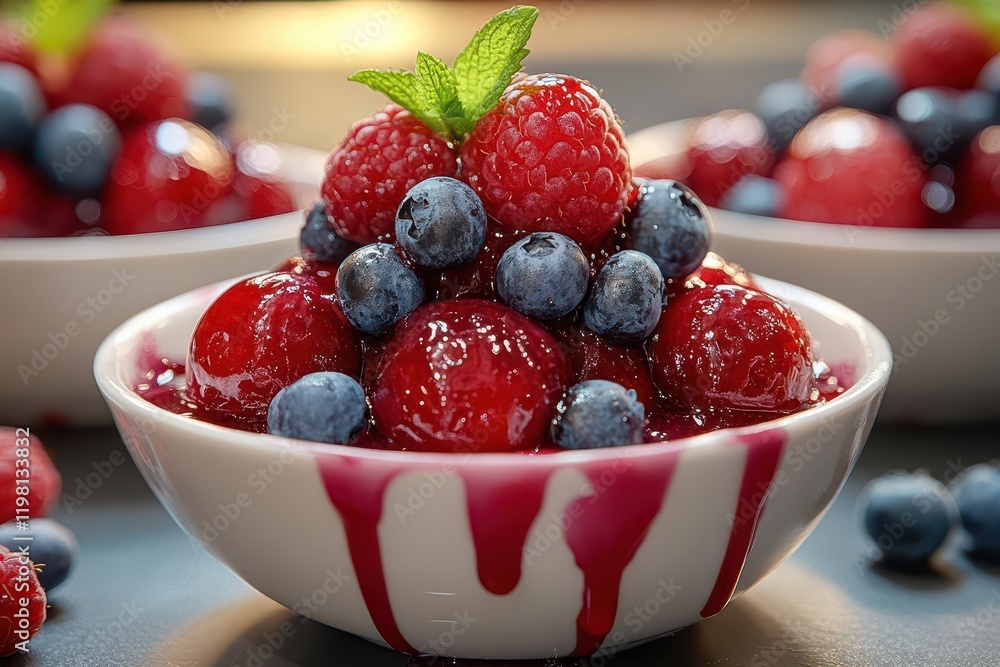 a delicious dessert featuring vibrant red and blue berries elegantly arranged in white bowls, drizzled with a sweet sauce, creating a visually appealing and appetizing presentation a delicious dessert featuring vibrant red and blue berries elegantly arranged in white bowls, drizzled with a sweet sauce, creating a visually appealing and appetizing presentation