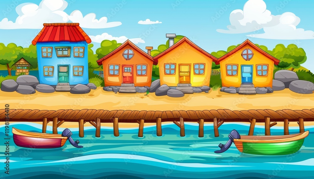 A charming waterfront village with colorful houses and boats, set against a bright blue sky. A charming waterfront village with colorful houses and boats, set against a bright blue sky.
