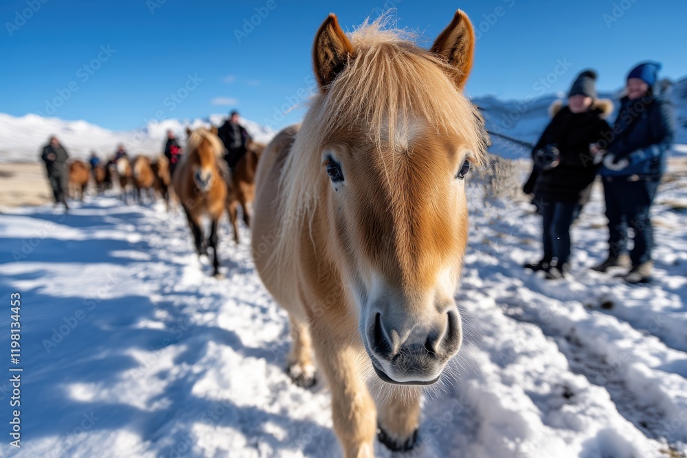 A beautiful horse walks toward the camera in a snowy landscape, surrounded by other horses and people, creating a charming and engaging outdoor scene. A beautiful horse walks toward the camera in a snowy landscape, surrounded by other horses and people, creating a charming and engaging outdoor scene.