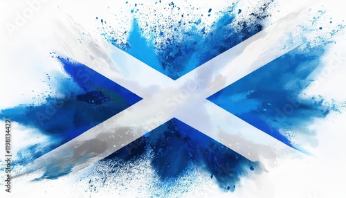 Vibrant Holi Celebration Colorful Scotland Flag Amongst Explosion of Holi Paint Powder, Creating a Striking Contrast on White Background
