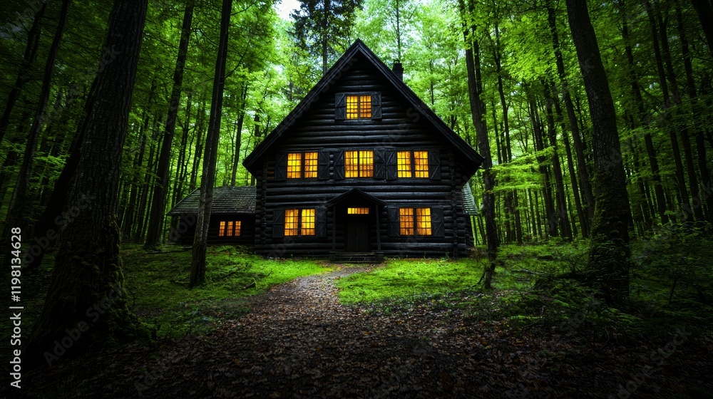 Abandoned farmhouse in a dense forest, its wooden planks warped and decayed, enveloped by an atmosphere of stillness and mystery Abandoned farmhouse in a dense forest, its wooden planks warped and decayed, enveloped by an atmosphere of stillness and mystery