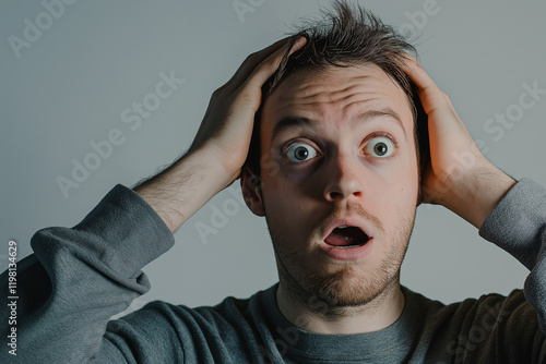 Astonished Man Holding Head in Disbelief, Shocked Expression, Stunned Reaction, Surprised Face,     