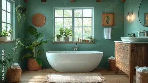 A serene and beautifully designed modern bathroom featuring a minimalist white bathtub, lush green plants, and natural wooden elements in an eco-friendly setting.