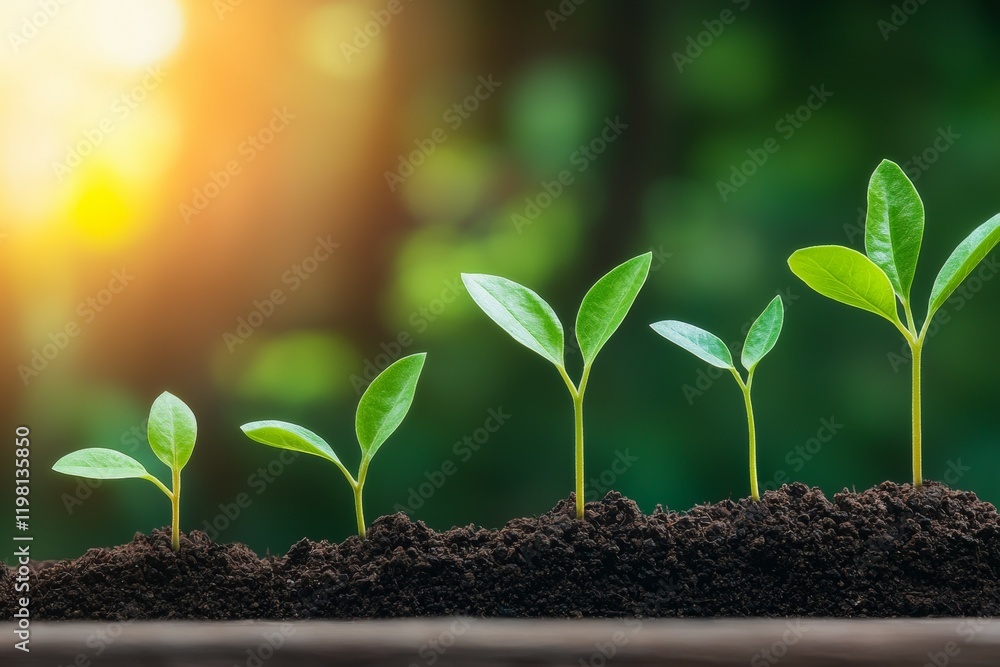 Row of young plants are growing in the dirt Row of young plants are growing in the dirt