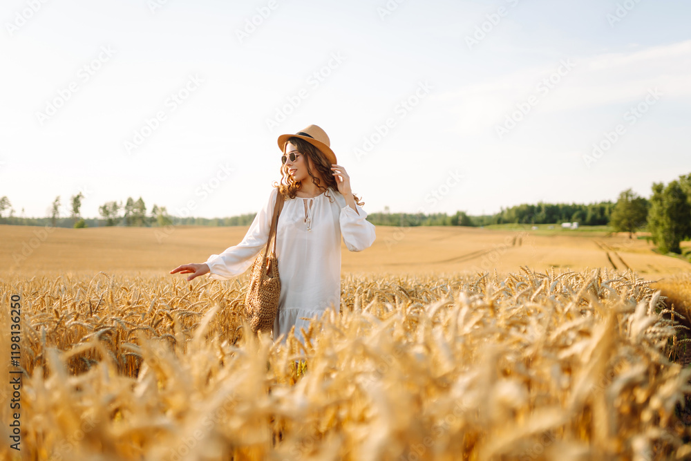 Naklejka premium Young beautiful woman in golden wheat field. Concept of summer, freedom, warmth, harvest, recreation, agriculture.