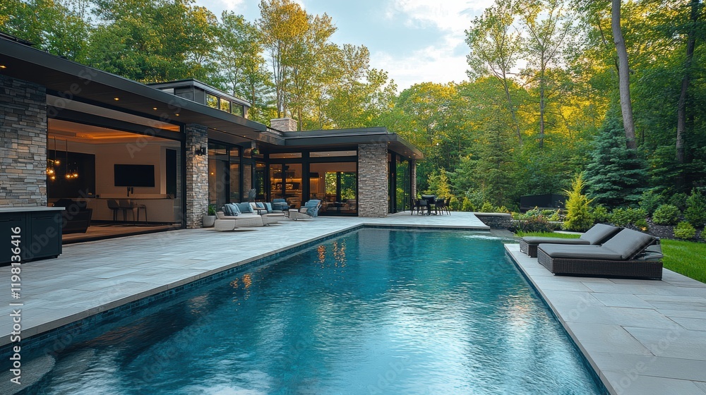 Fototapeta premium A modern luxury house featuring a sleek, clean architectural design with large glass windows and an expansive backyard pool surrounded by lush greenery