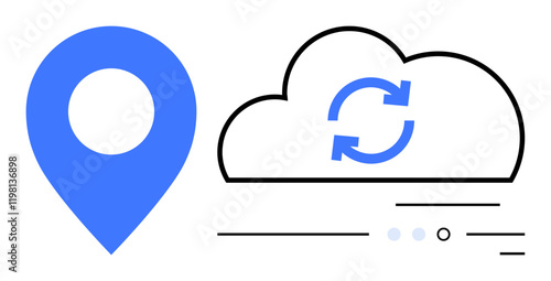 Cloud with synchronization arrows and blue geolocation marker beside it with minimalistic line elements. Ideal for data sync, navigation, cloud services, GPS apps, technology websites, backup
