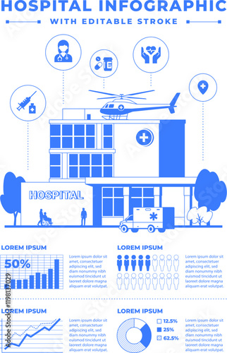 Medical one color print infographic. Hospital building. Poster design. Charts, icons, isolated on white background. Blue outline graphic. Health care line art illustration. Editable stroke.