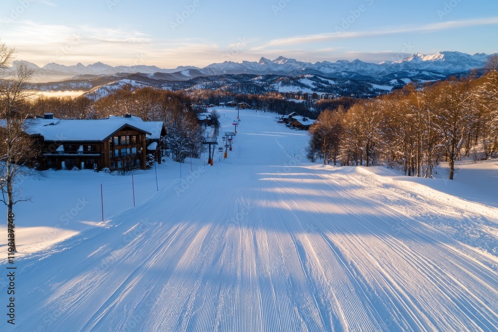 A picturesque mountain ski resort blanketed in fresh snow, showcasing the breathtaking beauty of winter landscapes under a clear blue sky. A picturesque mountain ski resort blanketed in fresh snow, showcasing the breathtaking beauty of winter landscapes under a clear blue sky.