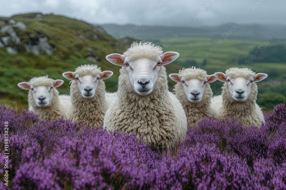 Fototapeta premium a flock of highland sheep huddled together on a windswept moor, their wool textured against moody storm clouds and heather-covered hills