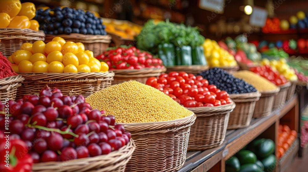 A Lively Display of Fresh Fruits and Vegetables in Vibrant Baskets at a Local Market, Showcasing the Diversity and Abundance of Nature's Bountiful Harvest A Lively Display of Fresh Fruits and Vegetables in Vibrant Baskets at a Local Market, Showcasing the Diversity and Abundance of Nature's Bountiful Harvest