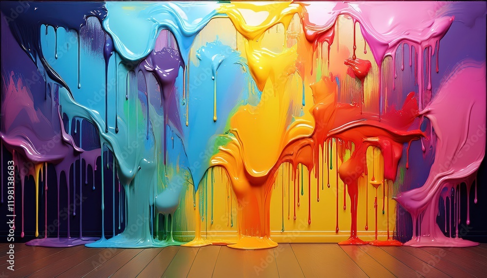Obraz premium Vibrant Generative AI Art Dynamic Wallpaper Featuring Colorful Paint Drips Down a Textured Wall at Twilight