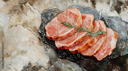 Thinly sliced marinated raw pork steak on a river stone surface, porksteak, stonebackground, grillfood. Riverstone. Illustration photo