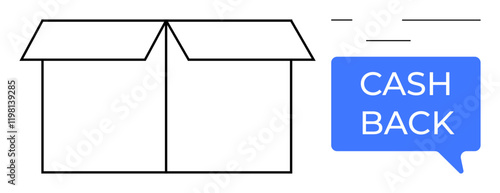 Open cardboard box beside a blue speech bubble labeled Cash Back. Ideal for e-commerce, retail, online shopping, customer rewards, savings, promotions, and incentives. Clean abstract line flat