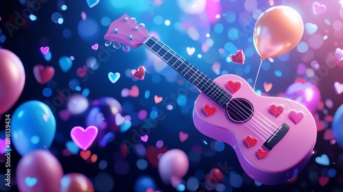 A stylized 3D render of a pink ukulele adorned with glowing heart decals, surrounded by colorful holographic confetti and floating balloons, vibrant pop art style photo