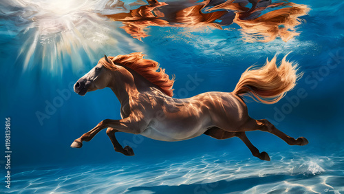 stunning art with red horse diving  in  ocean and bathing in sun rays. Digital artwork. Ai generated photo