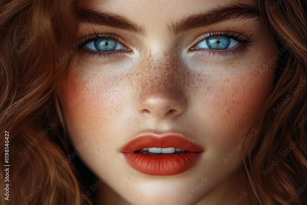 a glamorous advertisement featuring a striking woman with natural red lips, captivating blue eyes, and flowing brown hair, exuding confidence and beauty a glamorous advertisement featuring a striking woman with natural red lips, captivating blue eyes, and flowing brown hair, exuding confidence and beauty