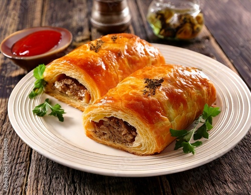 Obraz na płótnie british sausage rolls on a plate w salonie