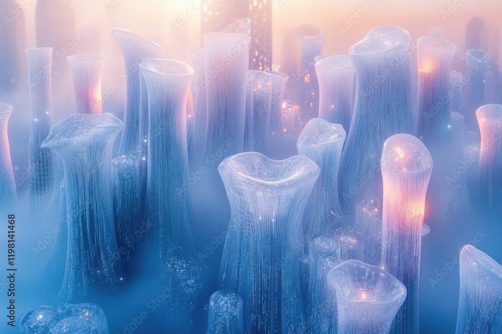 Futuristic city skyline with glowing, bioluminescent, organic structures rising from a misty landscape. Futuristic city skyline with glowing, bioluminescent, organic structures rising from a misty landscape.
