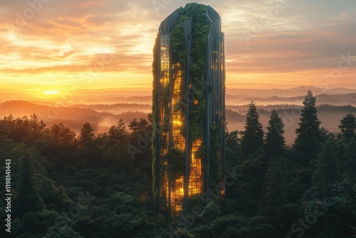 A futuristic, eco-friendly tower nestled in a forest at sunset, glowing warmly. photo