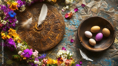 Wiccan altar for spring Ostara Sabbat with eggs and flowers