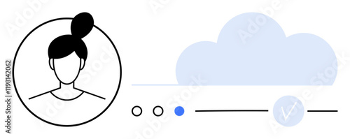 User profile with profile picture, cloud synchronization progress bar with settings icons, and verification checkmark. Ideal for user profiles, app interfaces, online accounts, security checks, cloud