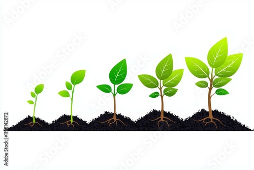 Series of plants growing from seedlings to mature trees photo