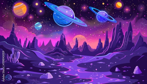 A vibrant, stylized depiction of an alien landscape under a starry sky with multiple planets and a river flowing through the purple and pink rock formations. photo