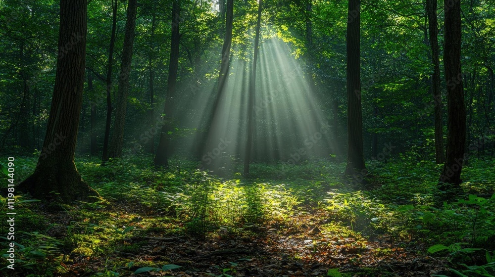 Obraz premium Sunbeams filtering through lush forest canopy creating a magical atmosphere