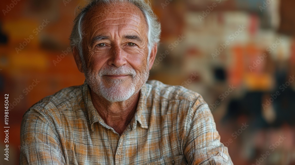 Portrait of an Older Man with a Content Expression Wearing a Plaid Shirt, Highlighting Signs of Wisdom and Experience in a Peaceful and Serene Setting Portrait of an Older Man with a Content Expression Wearing a Plaid Shirt, Highlighting Signs of Wisdom and Experience in a Peaceful and Serene Setting