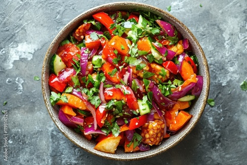 A vibrant bowl of tempeh salad with red onion, bell pepper, carrot, cucumber, and cilantro, tossed in a flavorful dressing. photo