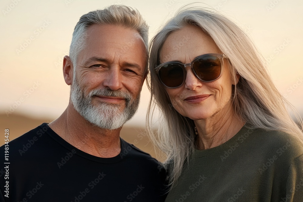 Senior couple enjoying a warm sunset together with smiles on their faces while wearing stylish sunglasses Senior couple enjoying a warm sunset together with smiles on their faces while wearing stylish sunglasses