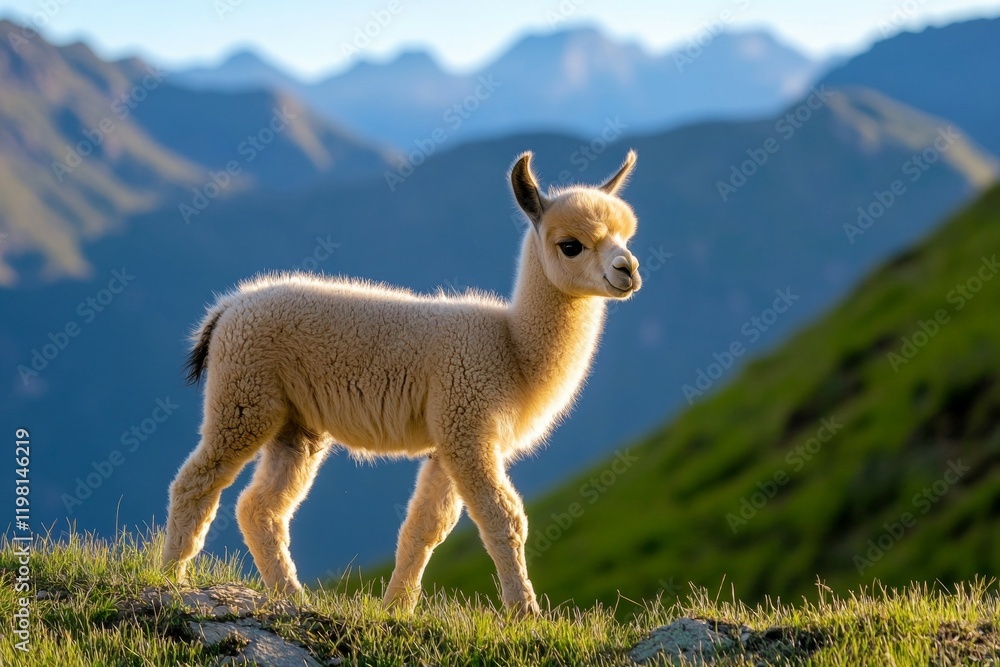 Baby llama is standing on a grassy hillside Baby llama is standing on a grassy hillside