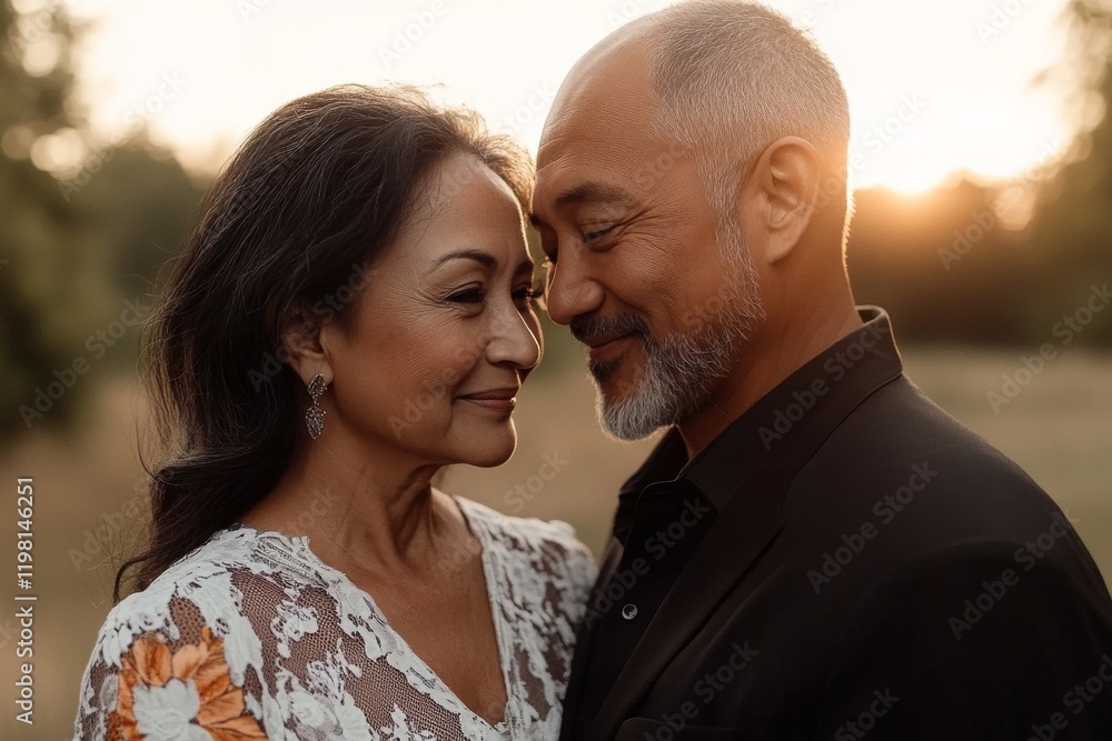 Couple sharing a tender moment during golden hour in a serene outdoor setting Couple sharing a tender moment during golden hour in a serene outdoor setting