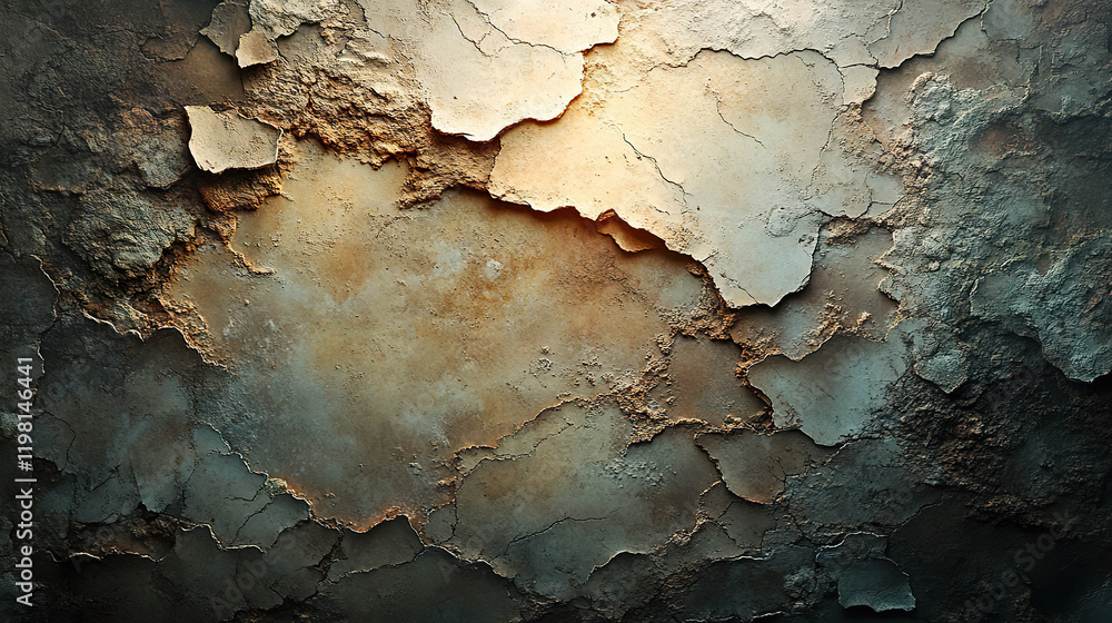 Fototapeta premium Wall with cracked and worn paint in warm and cool tones, aged and artistic texture. Generated with AI.