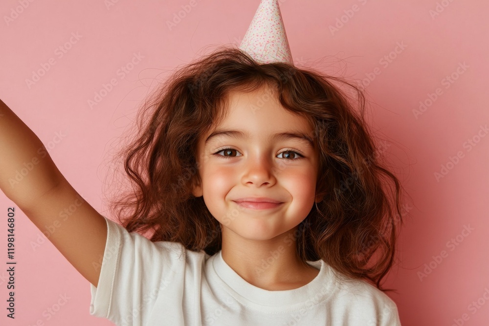 Child celebrating with a party hat against a pink background during a birthday celebration Child celebrating with a party hat against a pink background during a birthday celebration