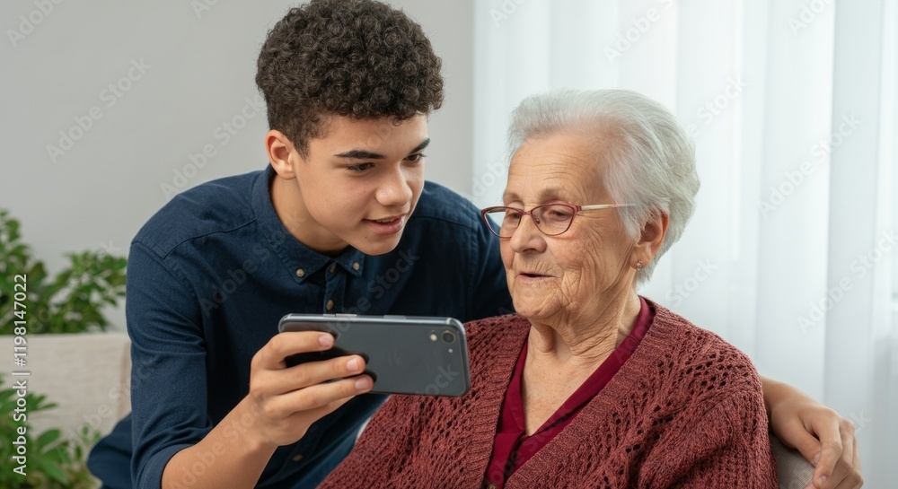 Young man is holding a cell phone up to an older woman's face Young man is holding a cell phone up to an older woman's face