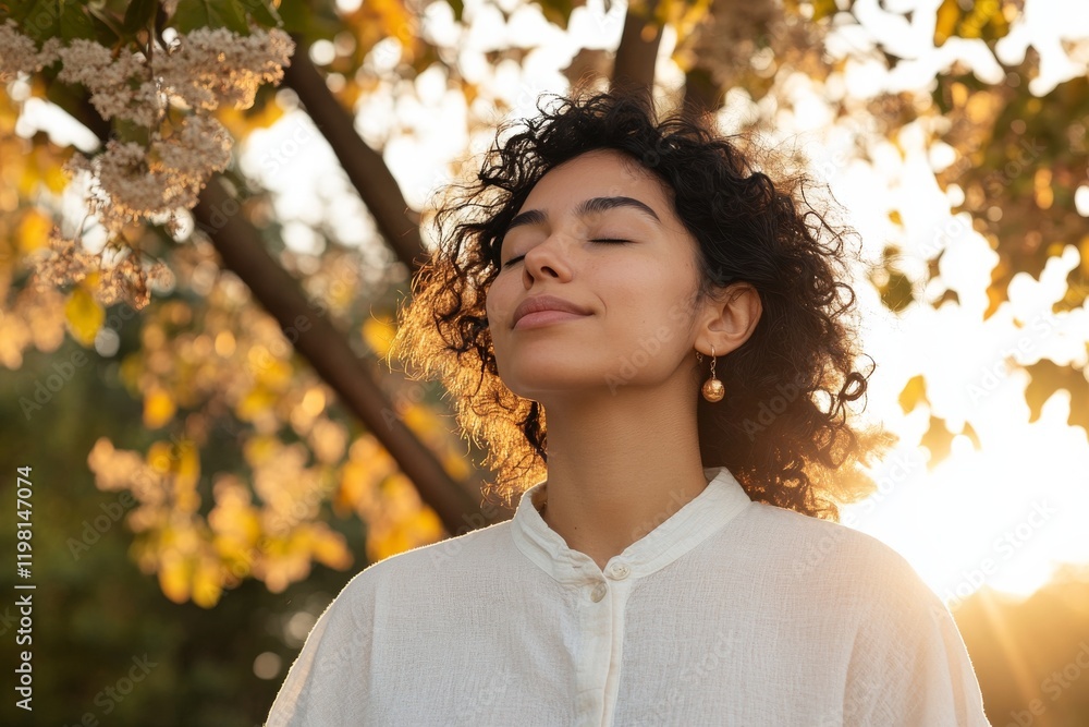 Woman enjoying a peaceful moment in nature during golden hour surrounded by flowers and autumn leaves Woman enjoying a peaceful moment in nature during golden hour surrounded by flowers and autumn leaves