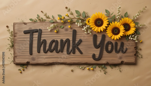 Rustic wooden thank you sign with sunflowers.