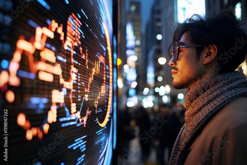 Individual examines digital stock market display in a bustling urban environment during evening hours photo