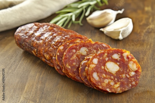 Noble fuet traditional Spanish cured sausage on wood photo