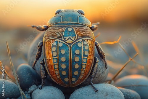 A meticulously detailed beetle, adorned with intricate gold and blue patterns, rests on smooth stones during a vibrant sunset. photo