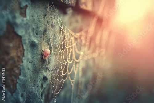 Dew-kissed spiderweb draped on a mossy wall, a tiny snail clinging to its delicate threads. photo