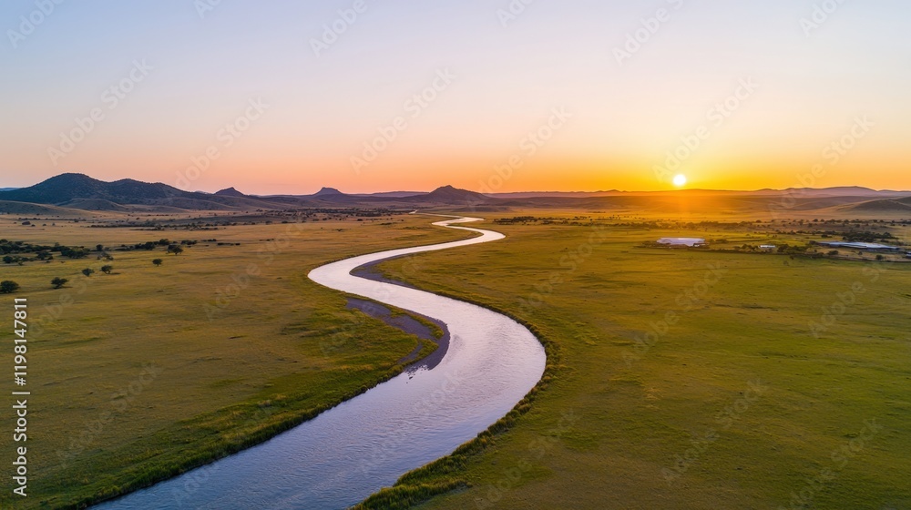 Valley meadow and expansive, A serene sunset over a winding river amidst green fields and distant hills, capturing the beauty of nature. Valley meadow and expansive, A serene sunset over a winding river amidst green fields and distant hills, capturing the beauty of nature.