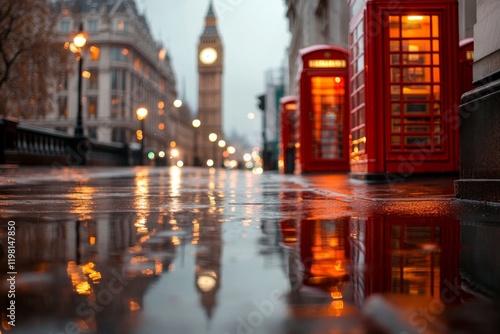 Rain-soaked London streets at dusk with iconic phone booths and Big Ben in view