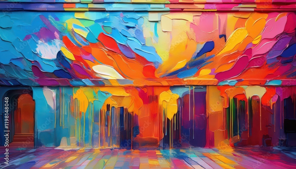 Obraz premium Vibrant, Textured Wall Mural A Colorful Celebration of Artistic Expression and Creative Energy, Showcasing Rich Hues and Intricate Designs in a Modern Urban Setting.