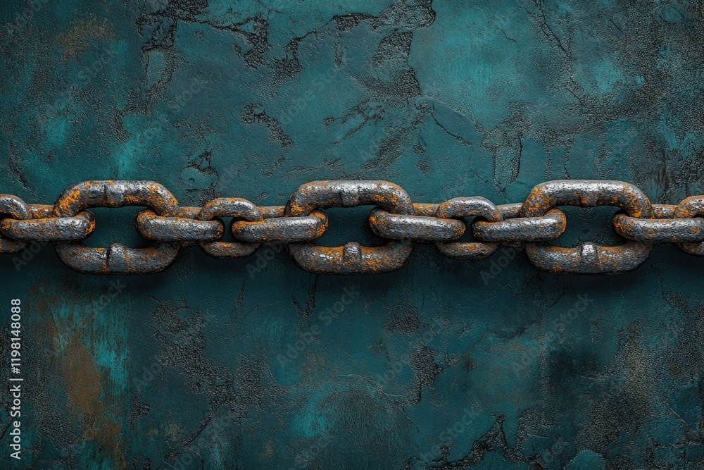 Rusty metal chain links on a textured teal background, symbolizing strength and connection. Rusty metal chain links on a textured teal background, symbolizing strength and connection.
