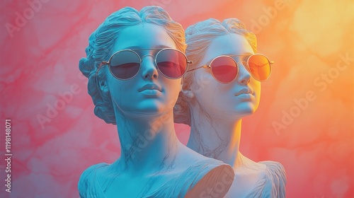 Classic Bust Sculpture of Man and Woman Wearing Modern Sunglasses