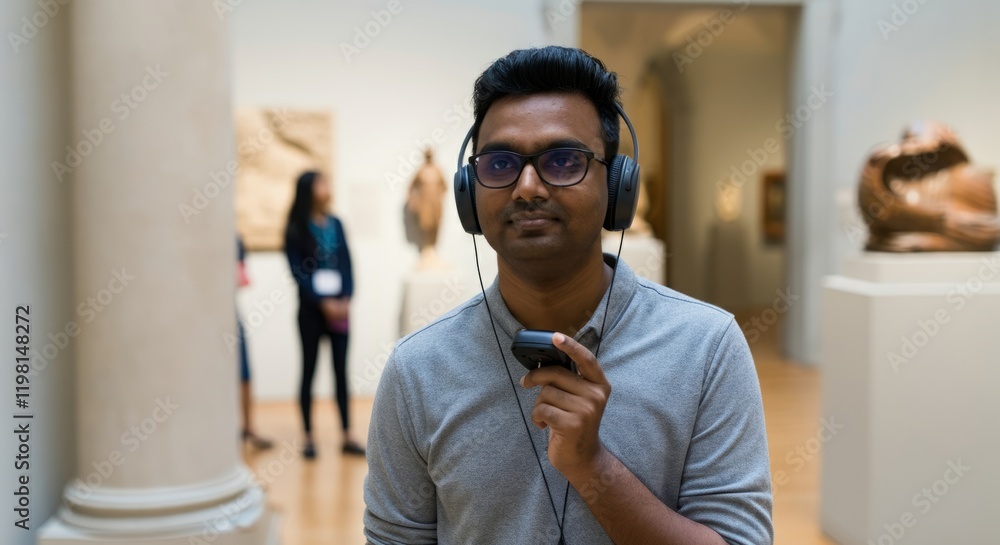 Obraz premium Man wearing glasses and headphones is standing in front of a statue