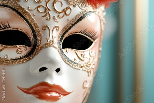 Elegant decorative mask with elaborate design displayed in a vibrant setting during a festive occasion